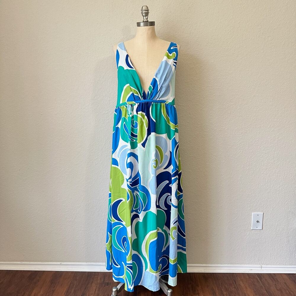 NATORI Nami Slip Dress Multi Abstract Empire Waist Smocked Artsy NWT